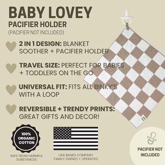 L+L USA Checkered Baby Lovey 100% Organic Cotton Knit Pacifier/Teether Holder 11"x11" - DreamSoft Cuddly Soothie Mini Comfort Blanket - Newborn Gift Essential Babies Boys Girls (Tan/White)
