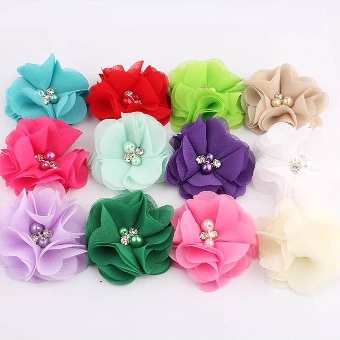 50 Pcs 2" Mini Chiffon Flowers with Rhinestones for Baby Girls Hair Accessories Artificial Fabric Flowers for Headbands Craft Projects (Black)