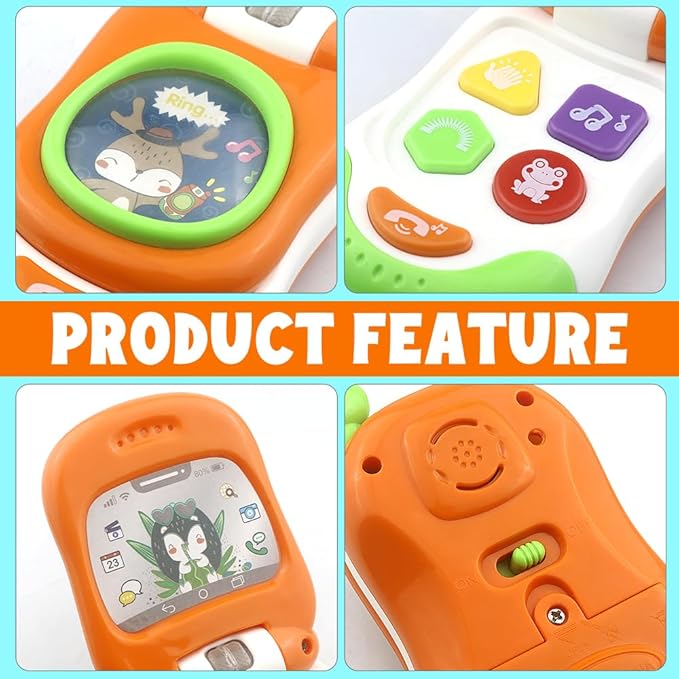 Baby Cell Phone Toy with musicial and Light, Flip Phone Educational Toddler Toys (Orange)