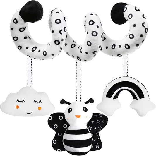GKDOMS Baby Spiral Hanging Stroller and Car Seat Toys Black and White High Contrast Sensory Toy Newborn Plush Activity Toys Party Favors Quality Gifts for Baby Shower-BEE