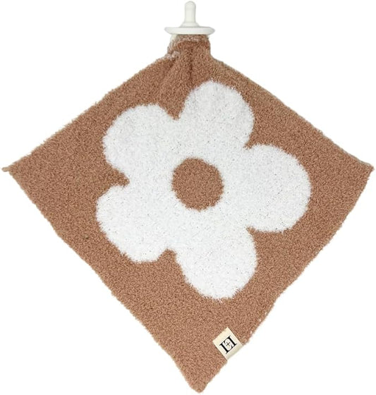 L+L USA Retro Flower Baby Lovey Pacifier/Teether Holder 10"x10" - DreamSoft Plush Fluffy Cuddly Soothie Reversible Mini Comfort Blanket - Cute Newborn Gift Essential Babies Boys Girls (Cafe/White)