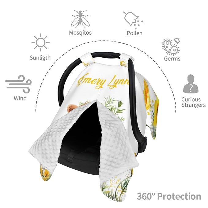Personalized Baby Car Seat Canopy with Name – Custom Highland Cow Sunflower Minky Nursing Cover for Boys & Girls, Soft Stroller Cover for Infants & Newborns, Carseat Canopy for Breastfeeding