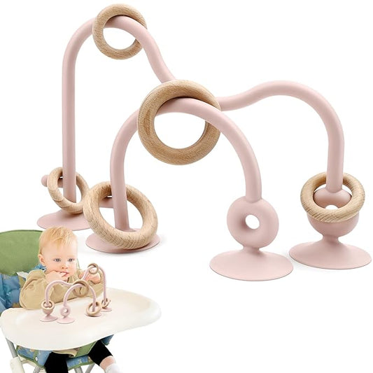 Baby Sensory High Chair Suction Toys for Infant Toddlers 12 18 Months, Food Grade Silicone String with Oak Loop Montessori Educational Parent-Child Baby Bath Toy Gift for Birthday or Easter (Pink)