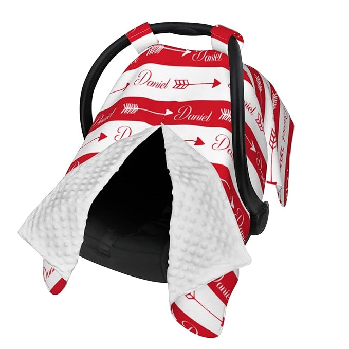 Personalized Baby Name Car Seat Covers with Tribal Arrows, Custom Carseat Canopy, Peekaboo Opening Nursing Wrap Breastfeeding Car Seat Canopies for Baby Boys Girls Newborn (Red Arrow Minky Dot)