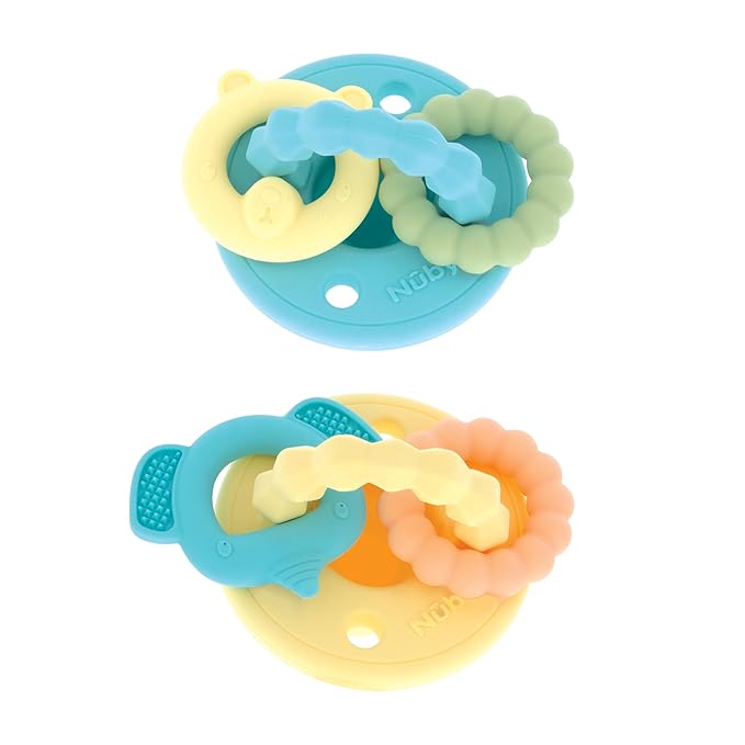 Nuby Charms Silicone Infant Pacifier and Teether - 2 Pack - 0+ Months - Yellow and Blue