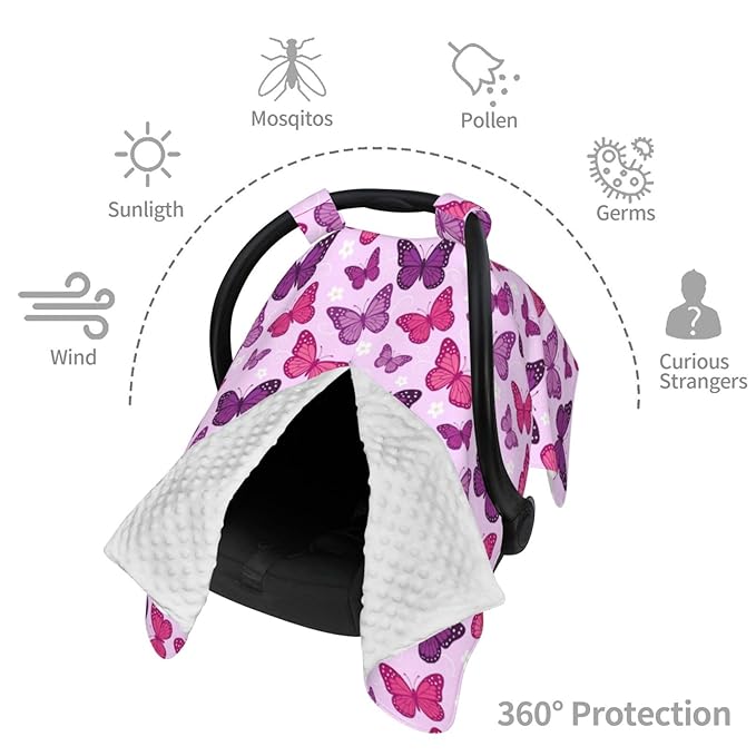 Butterfly Car Seat Canopy Cover for Baby, Nursing Cover for Newborn, Pink Butterfly Baby Girl Stuff Stroller Cover for All Seasons