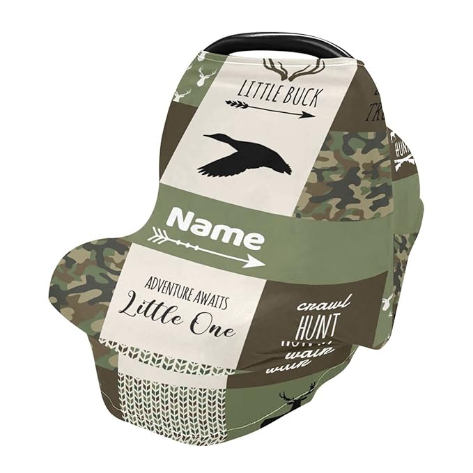 Personalized Baby Car Seat Cover for Boys Girls, Custom Nursing Covers for Breastfeeding with Name, Infant Stroller Cover, Baby Carseat Canopy for Newborn, Multiuse Car Seat Canopies, Deer and Hunting