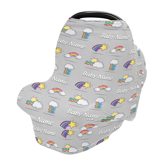 Personalized Baby Car Seat Cover for Babies, Custom Name Baby Car Seats Canopy for Boys Girls, Cute Rainbow Nursing Breastfeeding Stroller Covers for Infant Newborn, Shower Gift for Baby