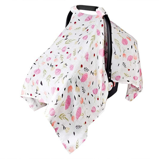 Muslin Baby Car Seat Canopy, Metplus Infant Carseat Cover - Extra Wide Universal Fit, Lightweight Breathable Soft for Babies Girls Shower Gift (Purple Flower)