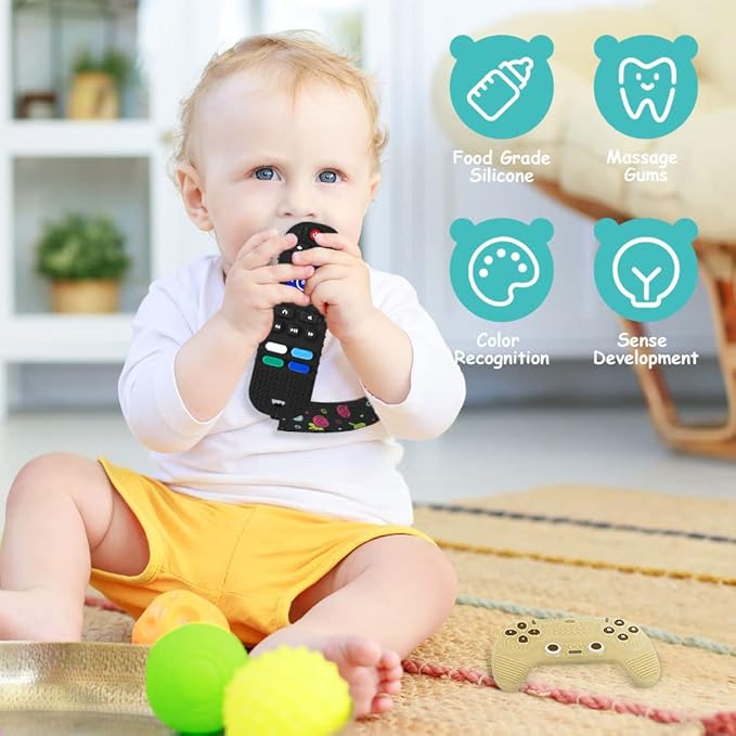 2PCS Silicone Baby Teething Toys, Remote Control Shape Teething Toys and Game Controller Teether Toy with 2PCS Pacifier Clip, BPA Free Silicone Remote Teether for Baby 3+ Months,Frozen(Black&Beige)