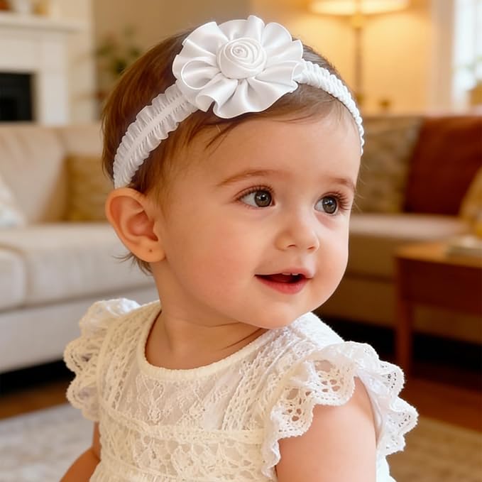 Baby Girls Headband White Bow Lace Headbands Soft Elastic Bowknot Hairbands Cute Hair Accessory for Newborn Kids Infant Toddler Baptism Birthday Party (Bow A)