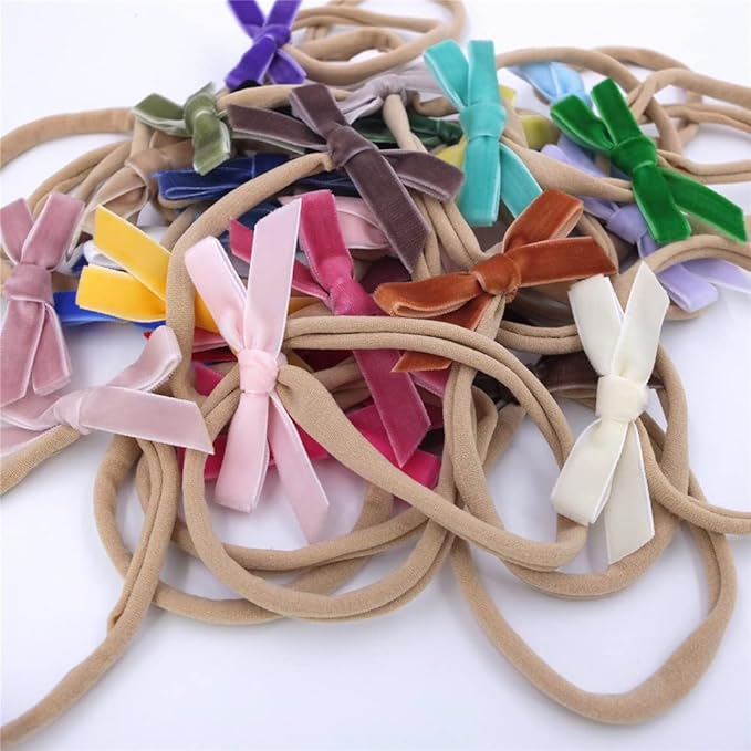Sugarmelon Velvet Bow Soft Stretchy Headbands for Newborn Infant Toddlers Hair Bow Elastic Bands Baby Girls Nylon Hairband (2.75'' Mini 32 PCS)