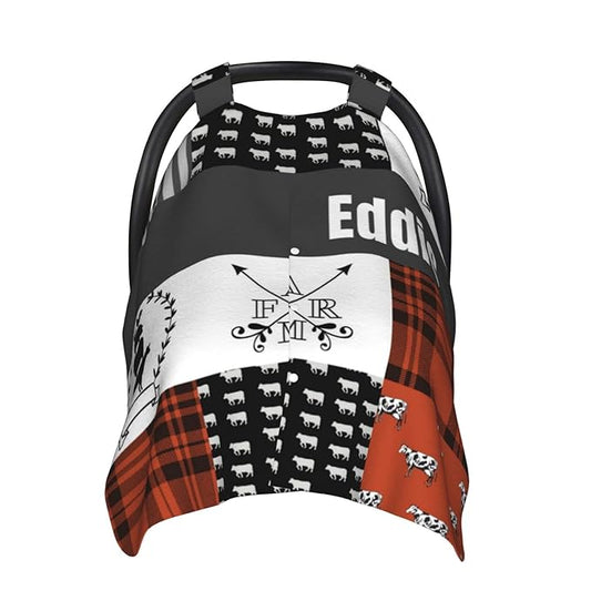 Personalized Farm Animals Baby Car Seat Canopy for Babies with Name, Custom Cow Red Baby Car Seat Covers for Girls, Opening Minky Nursing Breastfeeding Cover Infant Carseat Canopies for Newborn