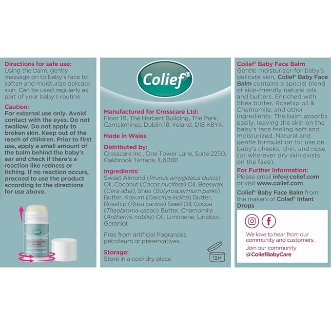 Colief Baby Face Balm Stick 30g | 100% Natural Shea Butter, Rosehip Oil, and Chamomile Coconut Oil | Gently Moisturise Baby's Dry & Sensitive Skin | for Babies from Birth