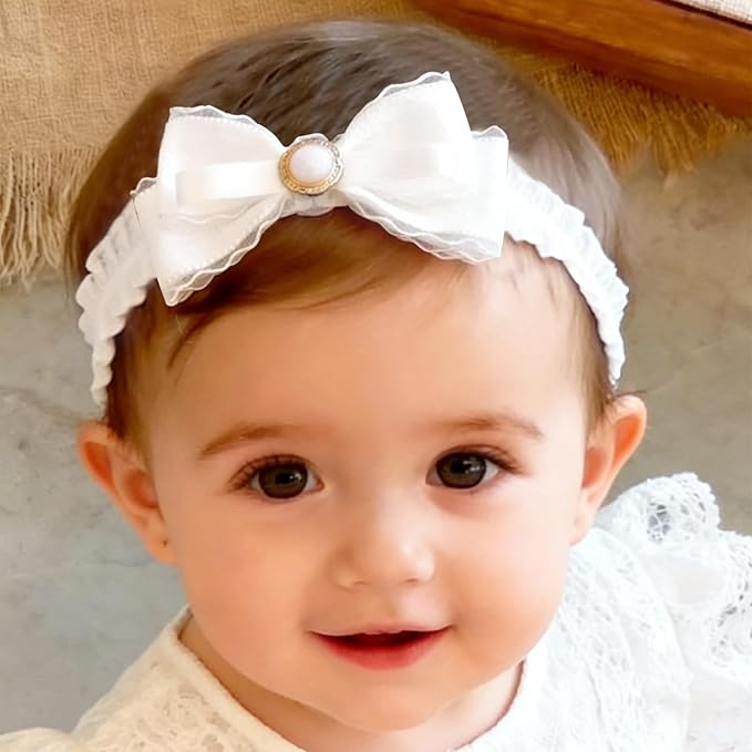 Baby Girls Headband White Bow Lace Headbands Soft Elastic Bowknot Hairbands Cute Hair Accessory for Newborn Kids Infant Toddler Baptism Birthday Party (Bow B)