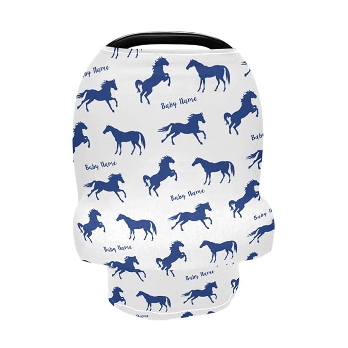 Personalized Baby Car Seat Cover for Babies, Custom Name Baby Car Seats Canopy for Boys, Nursing Breastfeeding Stroller Covers for Infant Newborn, Shower Gift (Running Horse Blue)