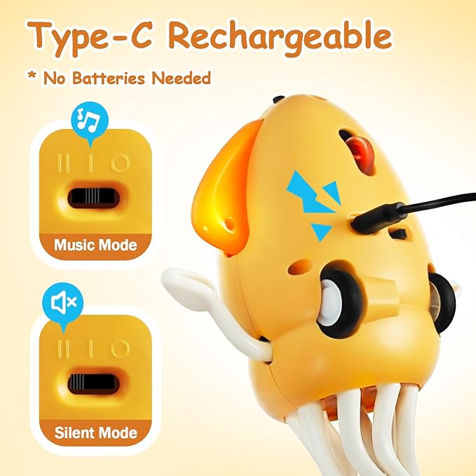 Electric Dancing Octopus Toy, Automatic Obstacle Avoidance Crawling Squid - Lights, Music, Crawling & Fishing Rod Play Fun Chase Toy for Kids Boy Girl Birthday Gifts (Yellow)