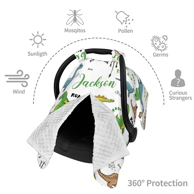 Custom Baby Car Seat Canopy for Babies with Name, Personalized Dinosaur Baby Car Seats Covers for Boys, Opening Minky Nursing Breastfeeding Stroller Cover Infant Carseat Canopies for Newborn