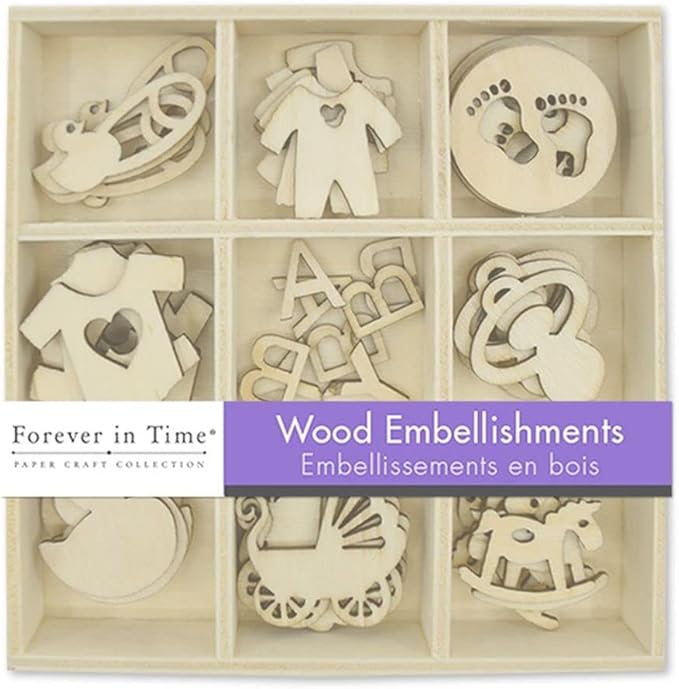 Mini Laser Cuts Wood Shape - Baby - Pram, Rocking Horse, Pacifier, and More - 45 Pieces - 1'' Across
