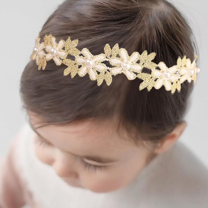 Baby Girl Gold Flower Lace Headband Toddler Elastic Floral Hair Band Newborn Infant Soft Lace Baptism Christening Hair Accessories for Birthday Party (Gold E, Standard size)