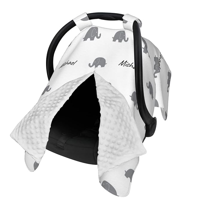 Personalized Cartoon Elephant Baby Infant Car Seats Canopy for Babies with Name, Custom Lightweight Covers for Baby Boys Girls, Minky Nursing Breastfeeding Stroller Canopies for Newborn