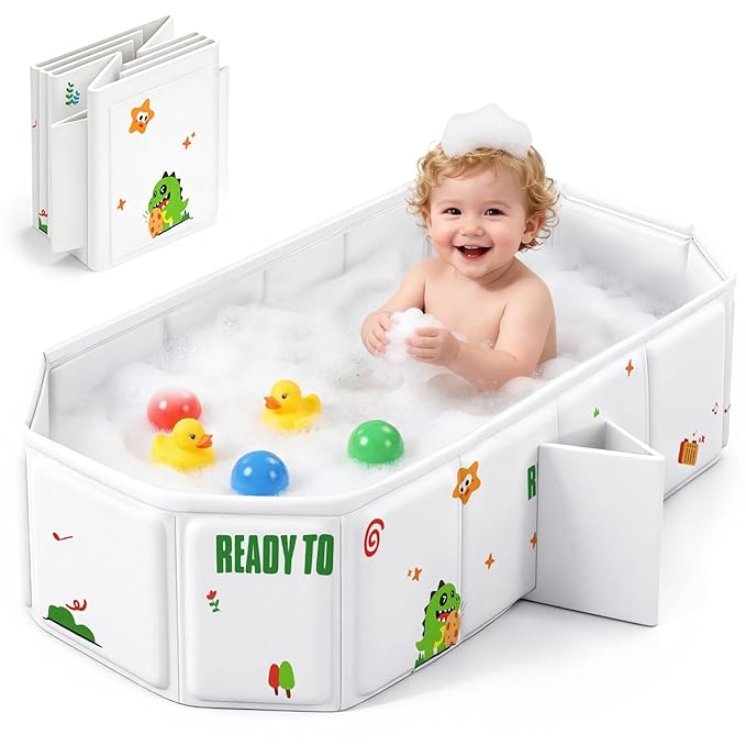 Collapsible Baby Bathtub with Drain Plug, Portable Foldable Toddler Bath Tub for Shower, Space Saving Travel Baby Tub for Infant Toddler Kids