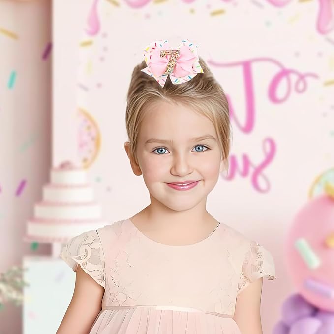 Birthday Hair Bow for Baby Girls - 2Pcs Pink Sprinkle Hair Clips for 7th Birthday Glitter Ice Cream Baby Bow Party Decorations for Girls Toddlers Hair Accessories (Pink-7 Years-Clips)
