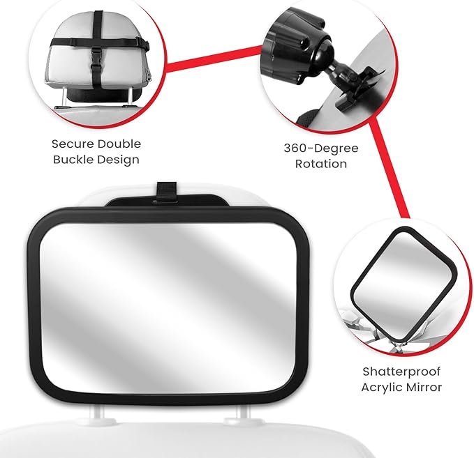 Baby Car Mirror, Shatterproof & Easy Assembled Crash Tested, 360° Rotation, Safety Car Seat Mirror for Rear Facing Infant with Wide Crystal Clear View