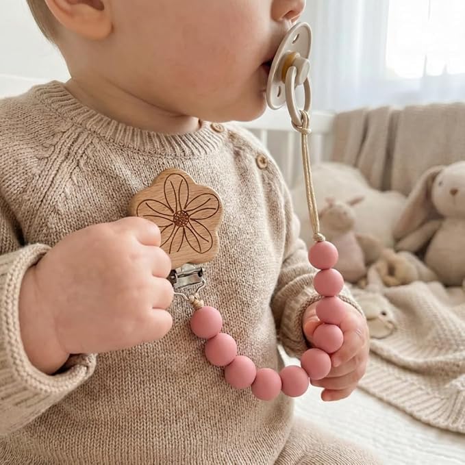 Wood Paci Clips 2 Pack for Baby Girl, Premium Flexible Bead Design, Universal Fit, Safe Pacifier Holder