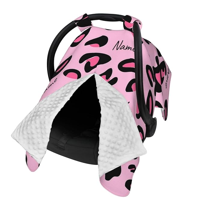 Personalized Baby Car Seat Canopy for Babies with Name, Custom Pink Leopard Print Stroller Car Seat Covers for Girls, Minky Nursing Carseat Cover for Breastfeeding, Car Seat Canopies for Newborn