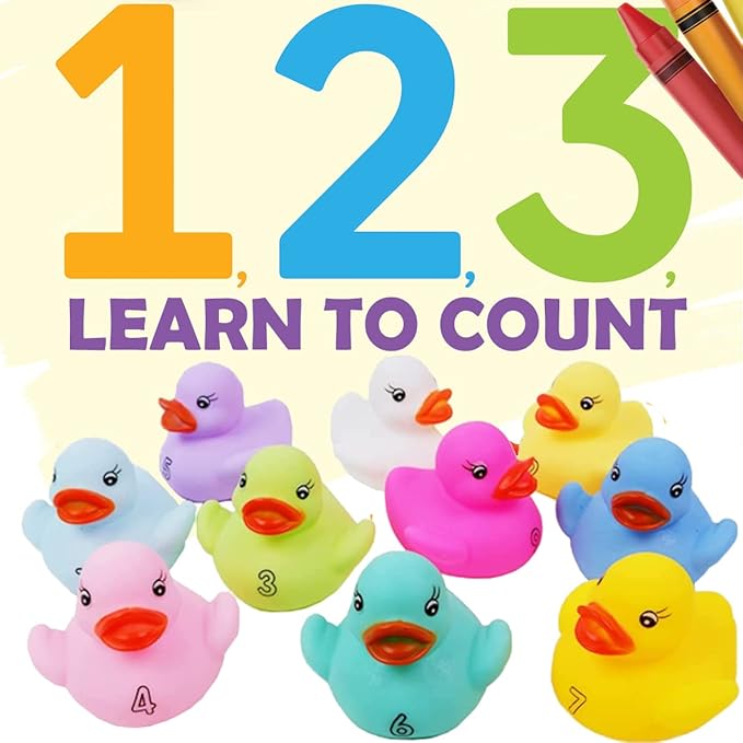 10 Pack: Numbers Counting Rubber Ducks Colorful Bath Toys - 1, 2, 3 Learn to Count Numeracy Early Learning Educational Bathtime Squeak Duckies Bathtub Set for Kids, Toddlers