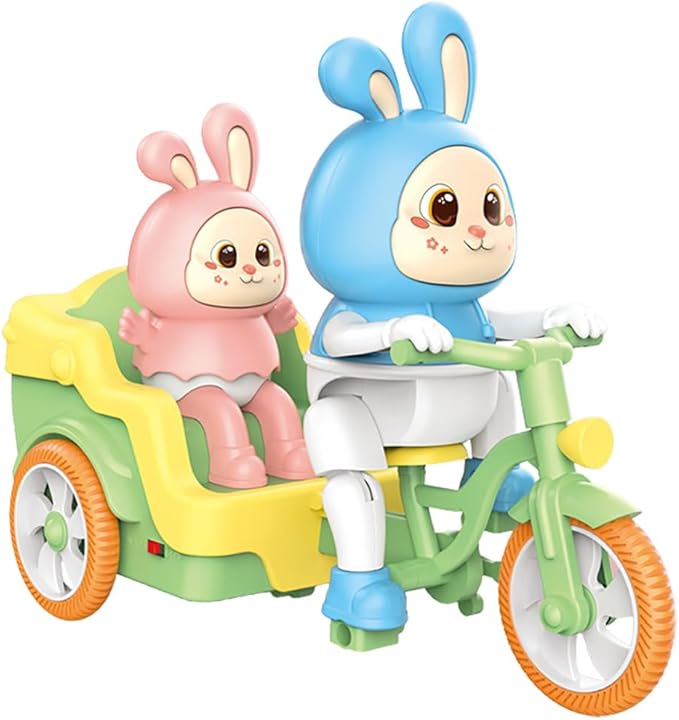 Miracland Tricycle-Riding Rabbit Musical Toy, Adorable Baby and Mom Rabbit Toy, Electric Tricycle Toy with Simulated Cycling Movement, Cool Lights and Joyful Music (Blue)