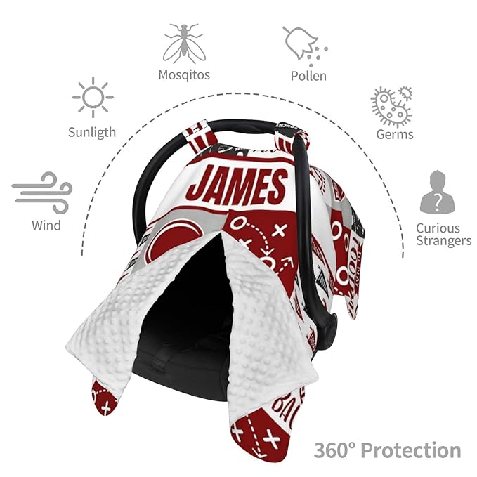 Personalized Baby Car Seat Canopy for Babies with Name, Custom Car Seat Covers for Boys Girls, Football Red Nursing Breastfeeding Stroller Cover Infant Carseat Canopies for Newborn