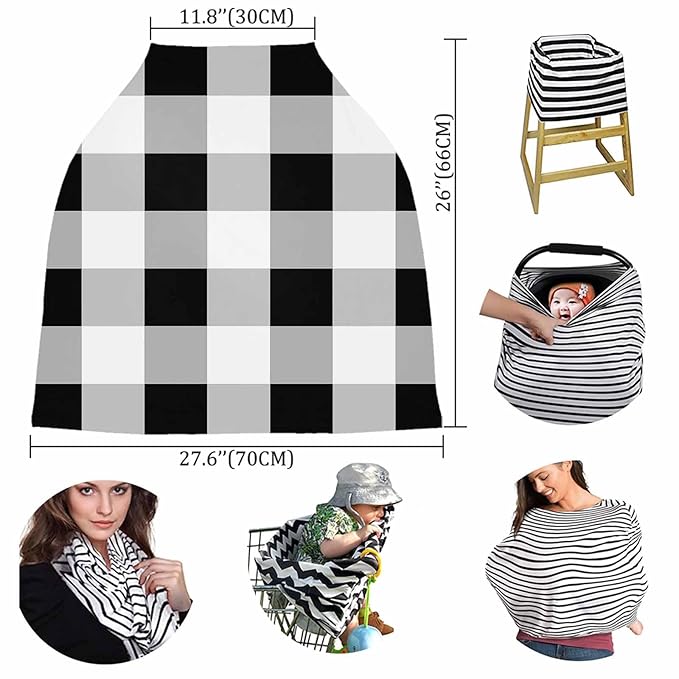 Black White Car Seat Covers for Babies, Buffalo Plaid Grey Check Lattice Geometric Nursing Breastfeeding Covers Stretchy Breathable Baby Carseat Canopy Cover for Girls and Boys Shower Gifts