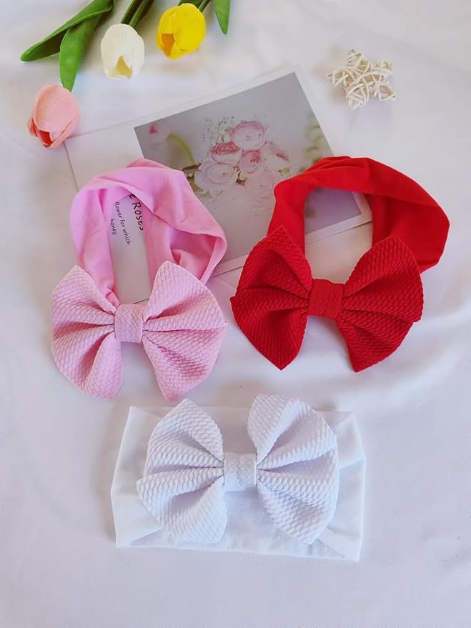 Hjiaruiky 3PCS Baby Girl Bows Baby Headbands Newborn Bow Big Stretchy Nylon Headbands for Baby Girls Hair Bows Hair Accessories for Infant White Pink Red