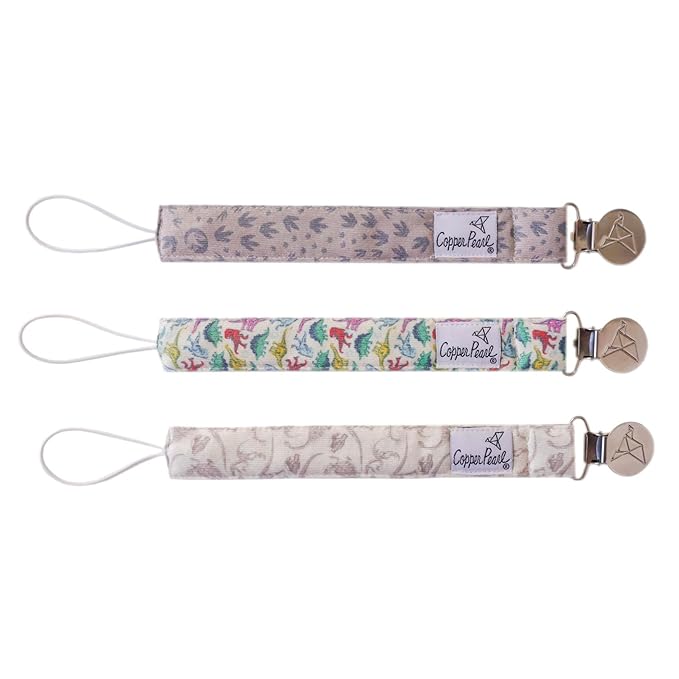 Copper Pearl Pacifier Clip 3-Pack: Premium Knit Binky Clips for Baby Girls and Boys - Stylish Stainless Steel Pacifier Holder Clip - Baby Pacifier Clips for No More Floor Drops - Jurassic Park