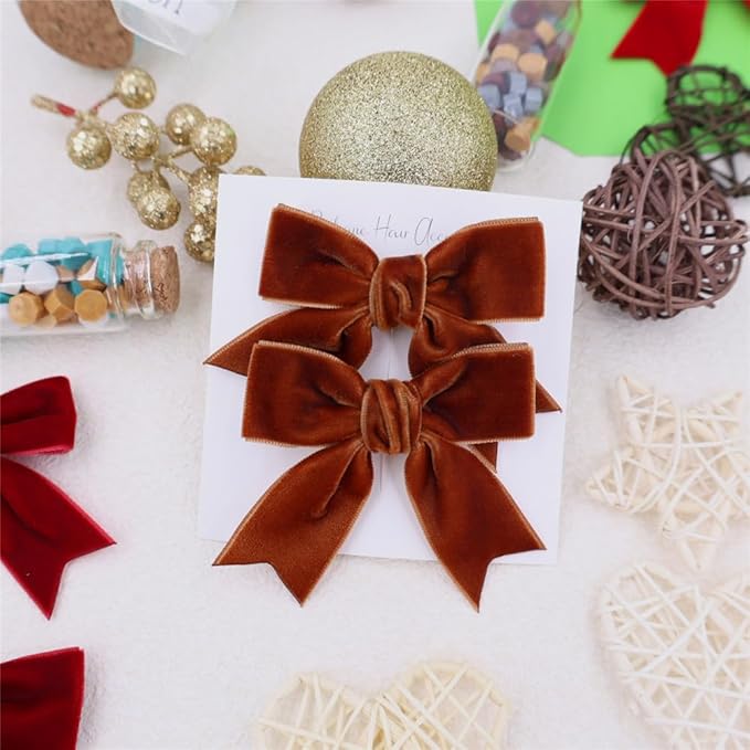 2 Pcs Cute Golden Brown Velvet Hair Bow Clips 3" Bowknot Alligator Clip Barrettes Hairpins for Girl Kids Accessories