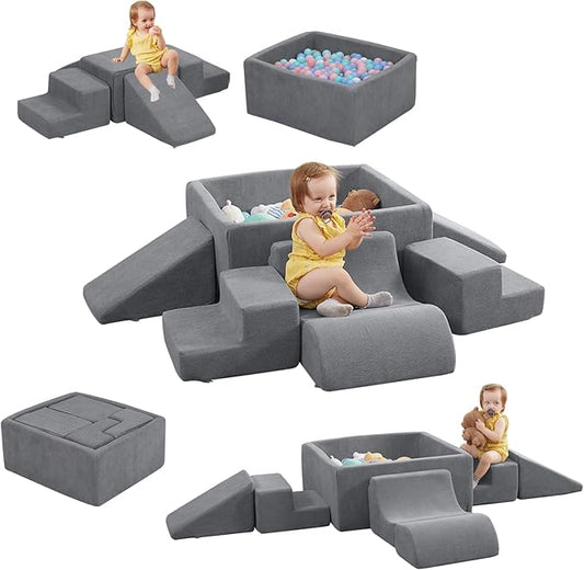 STAOLENE Soft Foam Climbing Blocks with Ball Pit, 6PCS Grey Indoor Climbing Toys for Toddler, Climb and Crawl Activity Play Set, Play Gym for Child Development (Balls not Included)