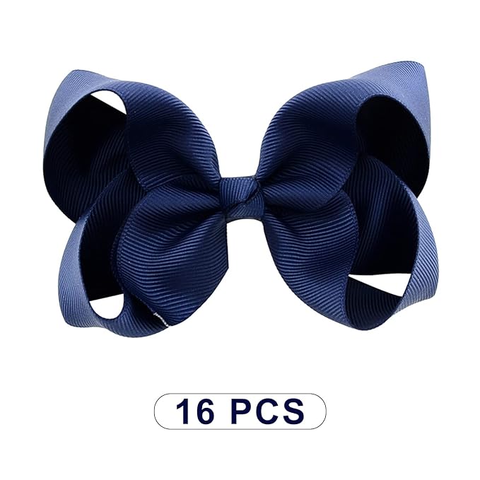 DEEKA 16 PCS 4" Hand-made Hair Bow Grosgrain Ribbon Solid Color Hair Bow Alligator Clips Hair Accessories for Little Teen Toddler Girls -Navy Blue