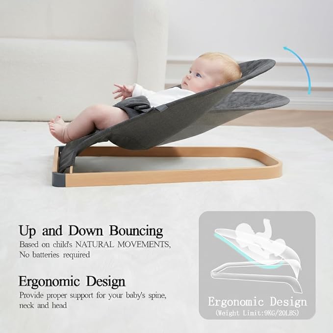 Baby Bouncer, Portable Infant Bouncer Seat with Soft Breathable Fabric, Contoured Supportive Rocker for 0-9 Months, Foldable Baby Swing Chair with 3-Point Harness for Indoor Outdoor, Grey