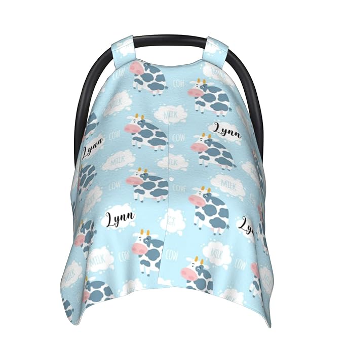 Personalized Cute Cow Milk Baby Car Seat Canopy for Babies with Name, Custom Car Seat Covers for Boys Girls, Peekaboo Opening Minky Nursing Breastfeeding Cover Infant Stroller Canopies for Newborn