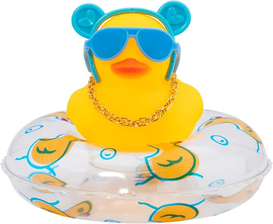 wonuu Car Duck Rubber Duck Car Ornaments Duck Car Dashboard Decorations with Cute Headband Swim Ring Necklace Sunglasses, B-Blue O Bunny Headband-Transparent