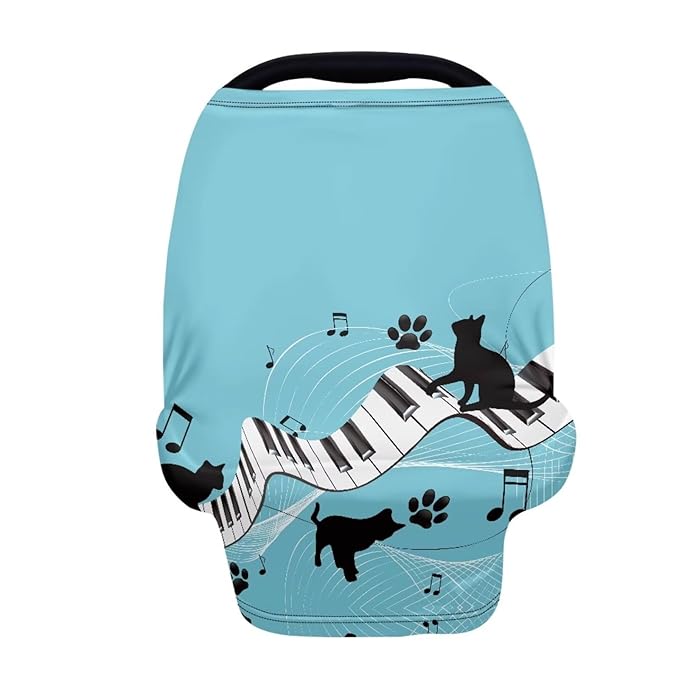 Forchrinse Black Cat Music Piano Carseat Cover for Baby,Stretchy Infant Car Seat Canopy,Nursing Cover Mom Privacy Breastfeeding Scarf Breathable