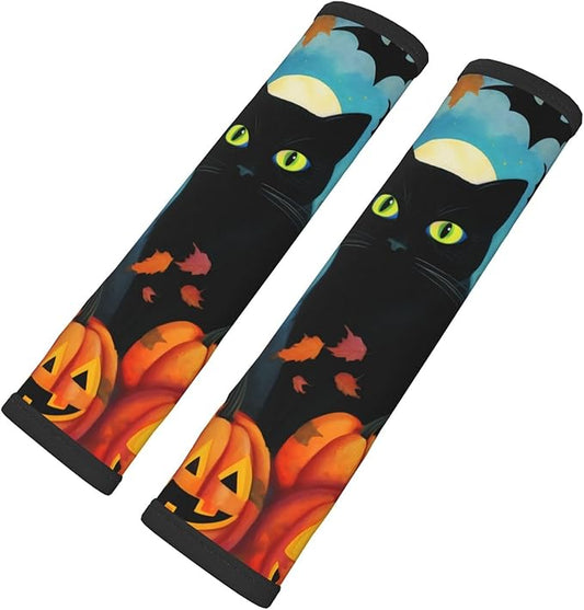 Black Cat Seat Belt Cover Fits Cars Trucks SUV Sedans Air Permeability Car Seatbelt Strap Cover, Halloween Pumpkin Autumn Auto Interior Accessories Protector