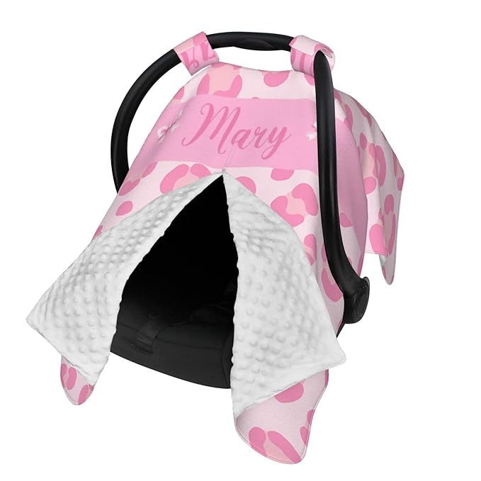 Custom Baby Car Seat Cover with Name – Personalized Leopard Print Nursing Cover, Infant Carseat Canopy, Shopping Cart Cover – Soft, Breathable & Warm – Ideal Shower Gift for Baby Girls