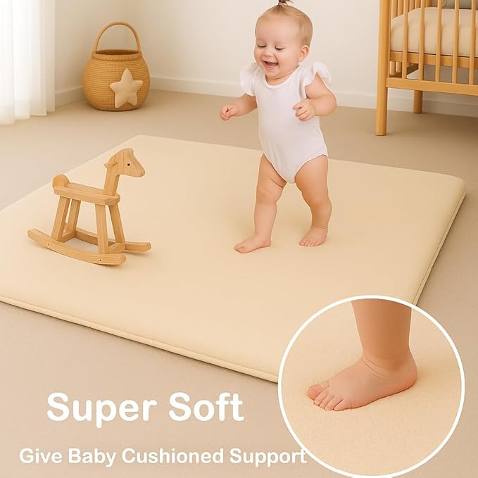 Baby Play Mat for Floor, 1.2″ Thick Foam 50X50 Playpen Mat, Ultra-Soft Velvet for Tummy Time & Crawling, Non-Slip Backing and Easy to Clean, Safe for Infants, Toddlers, and Kids (Cream)