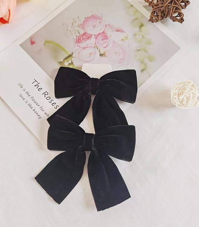 Hjiaruiky Hair Bows, 2pcs Handmade Velvet Bows for Girls Toddlers, Light Weight Hair Clips, Sturdy Alligator Clips, Black