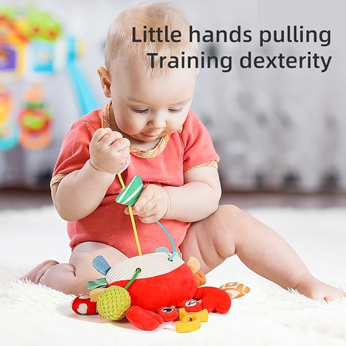Crab Car Seat & Stroller Toy for Babies 0-12 Months, Sensory Hanging Toy with Rattle, Mirror, Squeaker, BPA-Free Pull Strings, Fine Motor Skills Baby for Newborn Infant Boy Girl