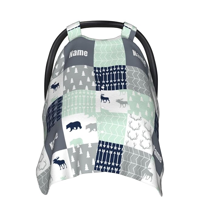 Personalized Woodland Deer Baby Infant Car Seats Canopy for Babies with Name, Custom Multi-use Blankets for Baby Boys Girls, Peekaboo Minky Nursing Breastfeeding Stroller Cover Canopies for Newborn