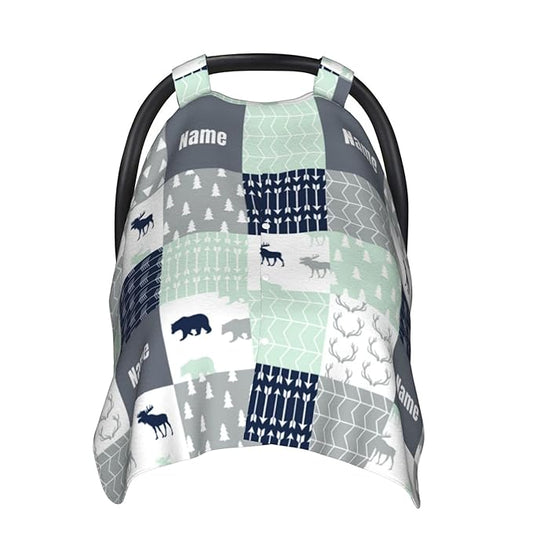 Personalized Woodland Deer Baby Infant Car Seats Canopy for Babies with Name, Custom Multi-use Blankets for Baby Boys Girls, Peekaboo Minky Nursing Breastfeeding Stroller Cover Canopies for Newborn